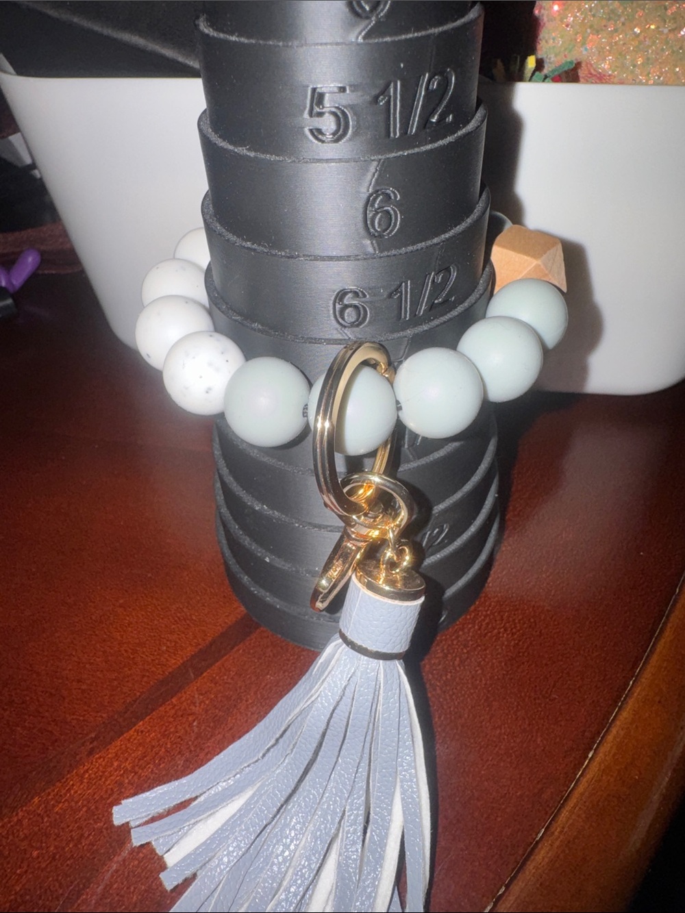 Beaded Tassel Wristlet Keychain - Blue, Tan and White - Picture 5 of 5